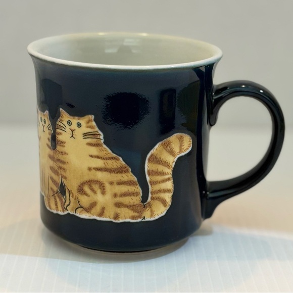 Vintage Fluffy Cat Trio Coffee Mug Otagiri Japan Navy Blue & Brown Striped Cats - Picture 2 of 10